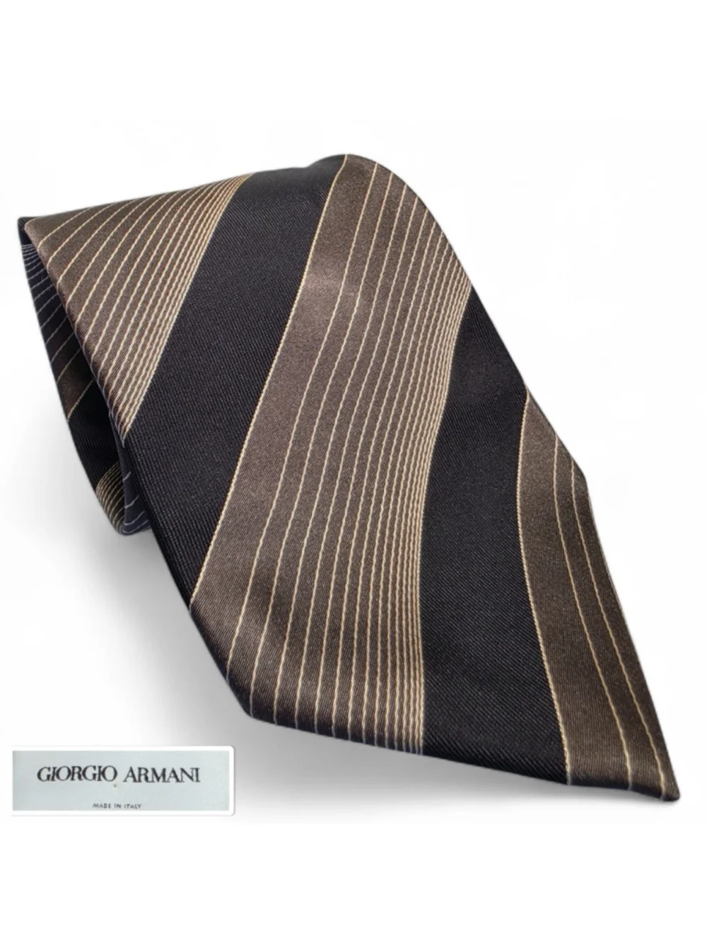 Giorgio Armani Silk Tie Italy Brown Black Gold Stripe Designer Classic